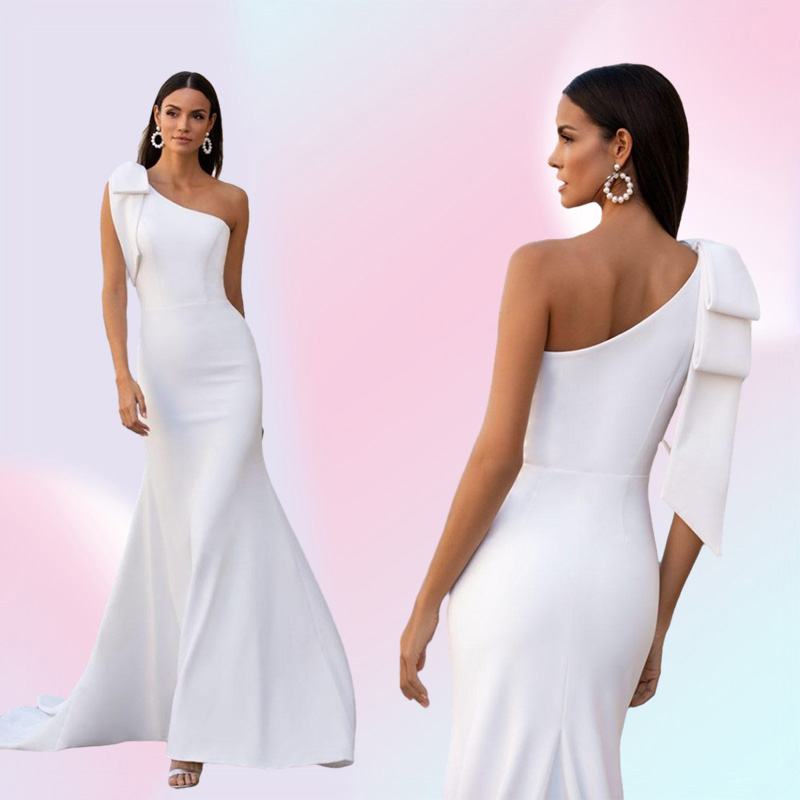 Vestidos Satin Mermaid Wedding Dresses Sexy One Shoulder Sleeveless Bridal Gown WhiteIvory Beach Wedding Party Gown with Bow