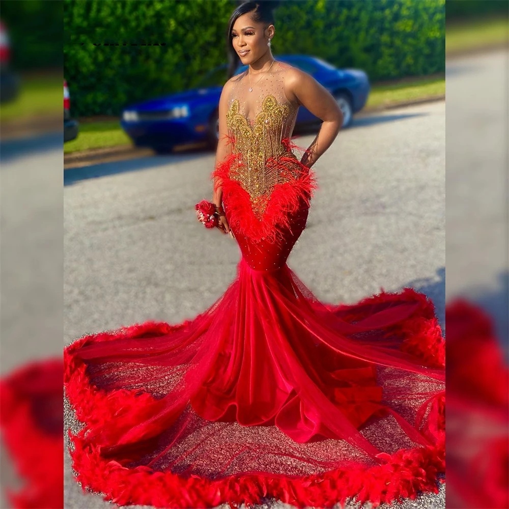 Sexy Sheer Neck Mermaid Prom Party Dresses For Black Girls 2024 With Gold Lace Feathers Plus Size Formal Evening Ocn Gowns Mal Mal