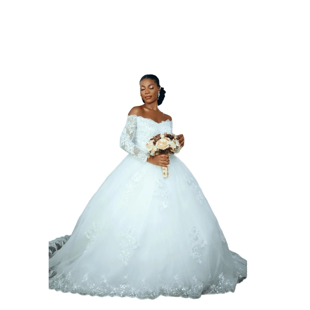 2024 African A Line Wedding Dresses Off Shoulder Long Sleeves Lace Appliques Crystal Beads Sequins Sweep Train Sexy Bridal Gowns 0513