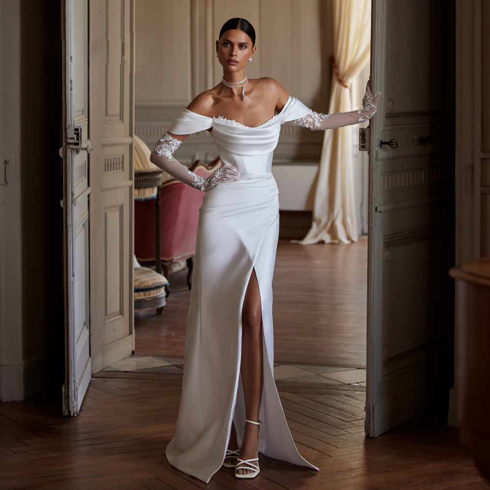 Off the Shoulder Wedding Dresses Satin Appliques High Split Mermaid Zipper Without Gloves Sweep Train