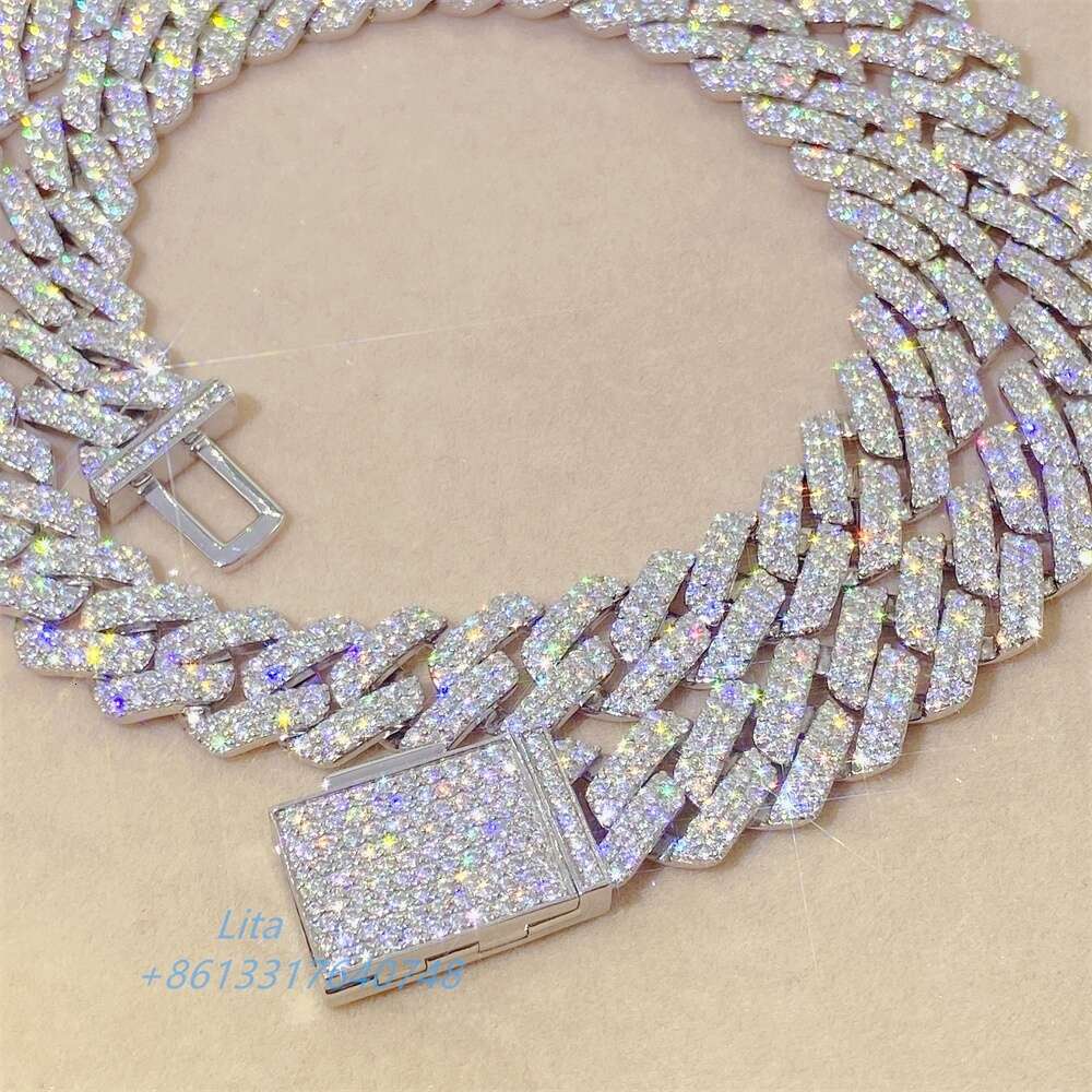Hip Hop Jewelry Iced Out Mens Cuban Necklace Bracelet Sterling Silver Moissanite 12mm Link Chain