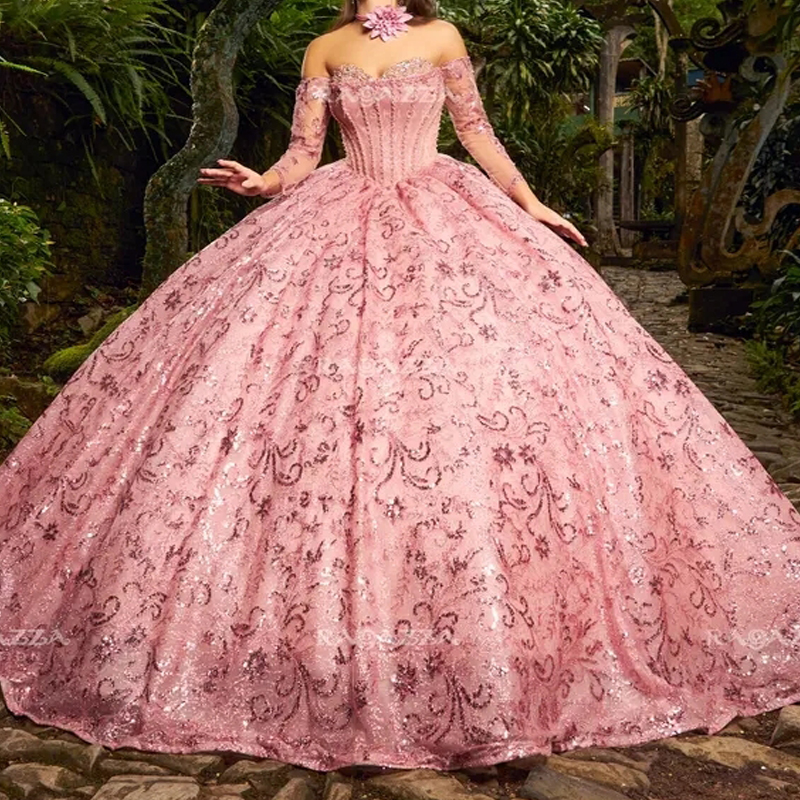 Pink Sparkly Quinceanera Dresses Off Shoulder Sequin Applique Lace Beads Tull Gillter vestido de 15 anos Party Birthday Sweet 16 Dress