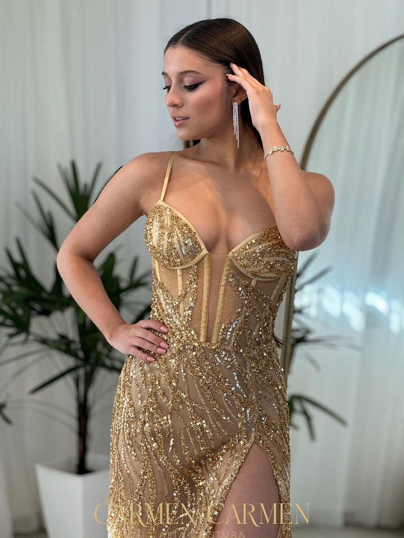 Gold Mermaid Prom Dress Thigh Split Illusion Formal Evening Elegant Detachable Overskirt Glitter Sequins Party Dresses For Special Ocns Promdress Lz03
