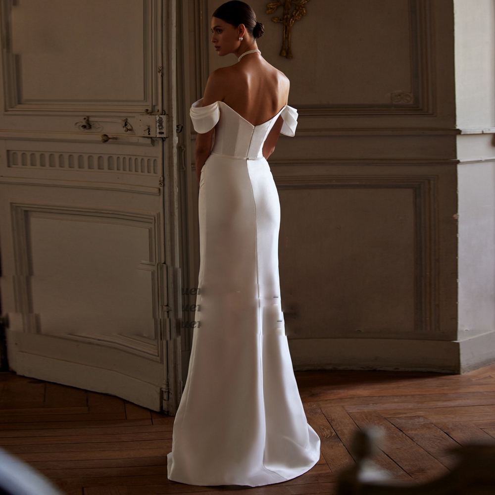 Off the Shoulder Wedding Dresses Satin Appliques High Split Mermaid Zipper Without Gloves Sweep Train