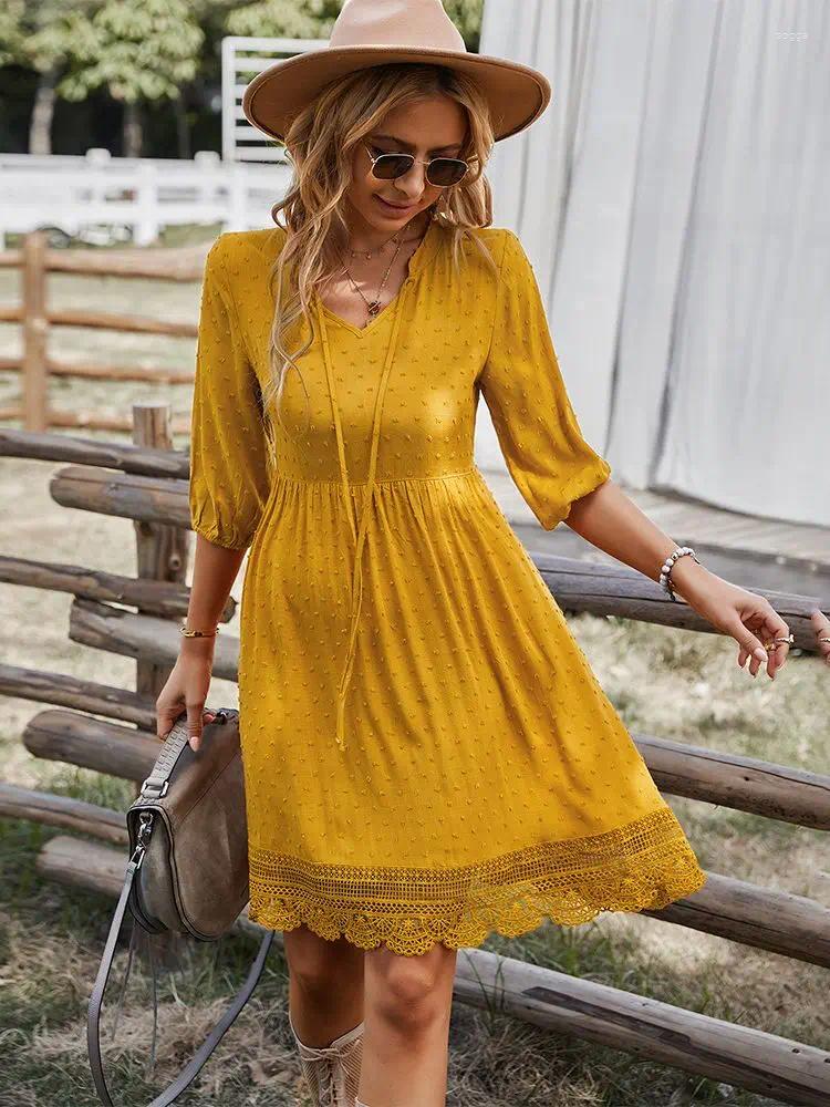 Party Dresses V-Neck Half Sleeve Ruffles Knee Length For Women 2024 Elegant Embroidery Lace Dress Lady Casual Summer Cloth
