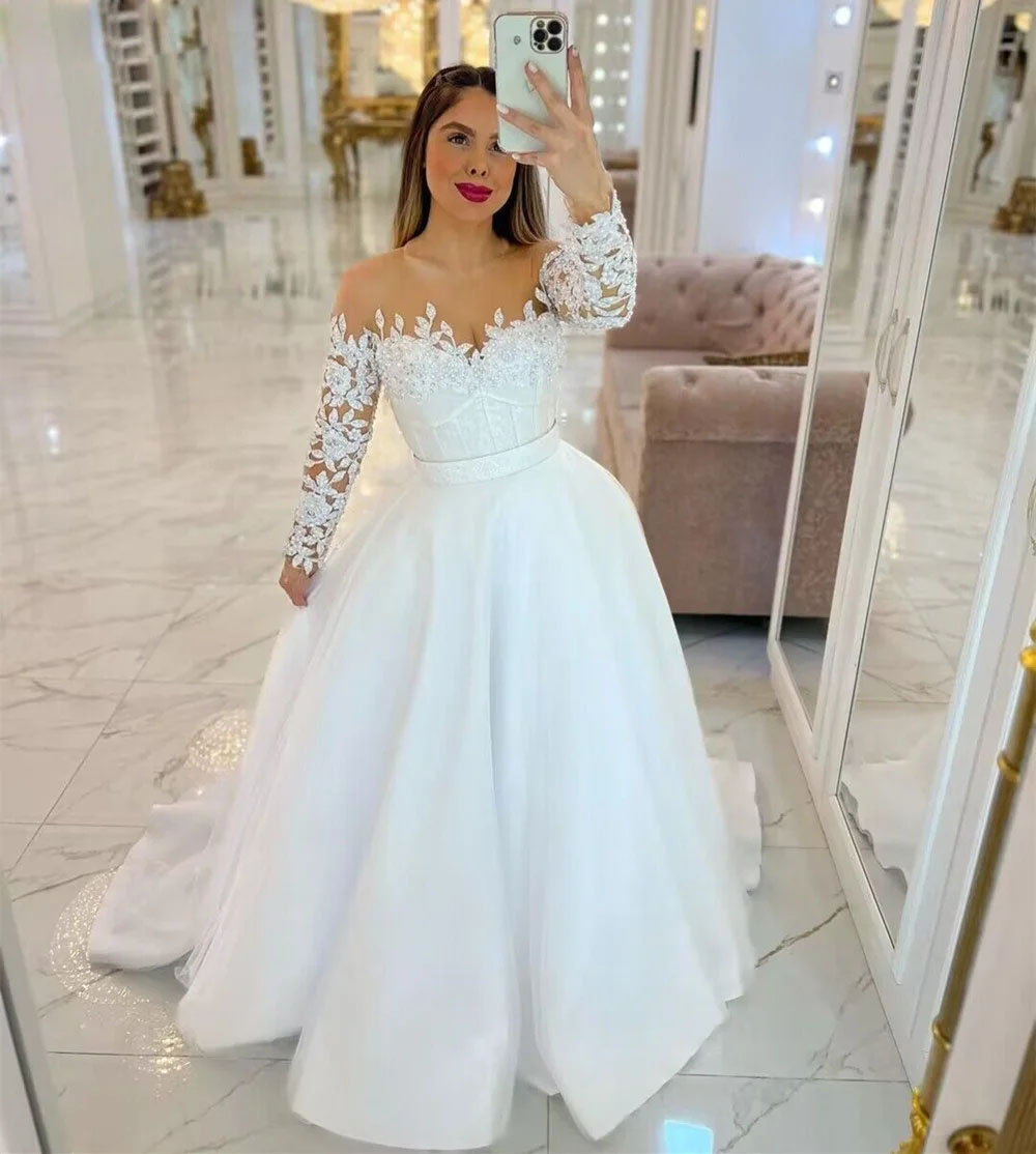 Sheer Neck A Line Wedding Dresses 2024 Lace Appliques with Beaded Bridal Gown Pleat Puffy Skirt robe de mariage 0516