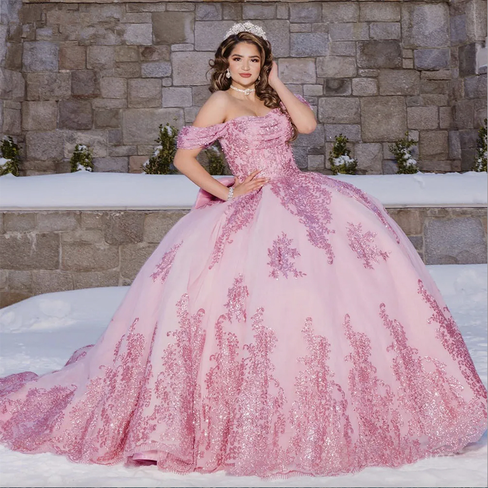 Quinceanera Gillter Pink Dresses Ball Gown Sweet Year Corset Lace Up Princess Prom Dress Vestidos De Anos I