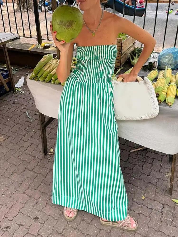 Casual Dresses Green Striped Print Strapless Maxi Dress For Women Sexy Slim Patchwork Sleeveless Robes 2024 Summer Lady Party Fashion