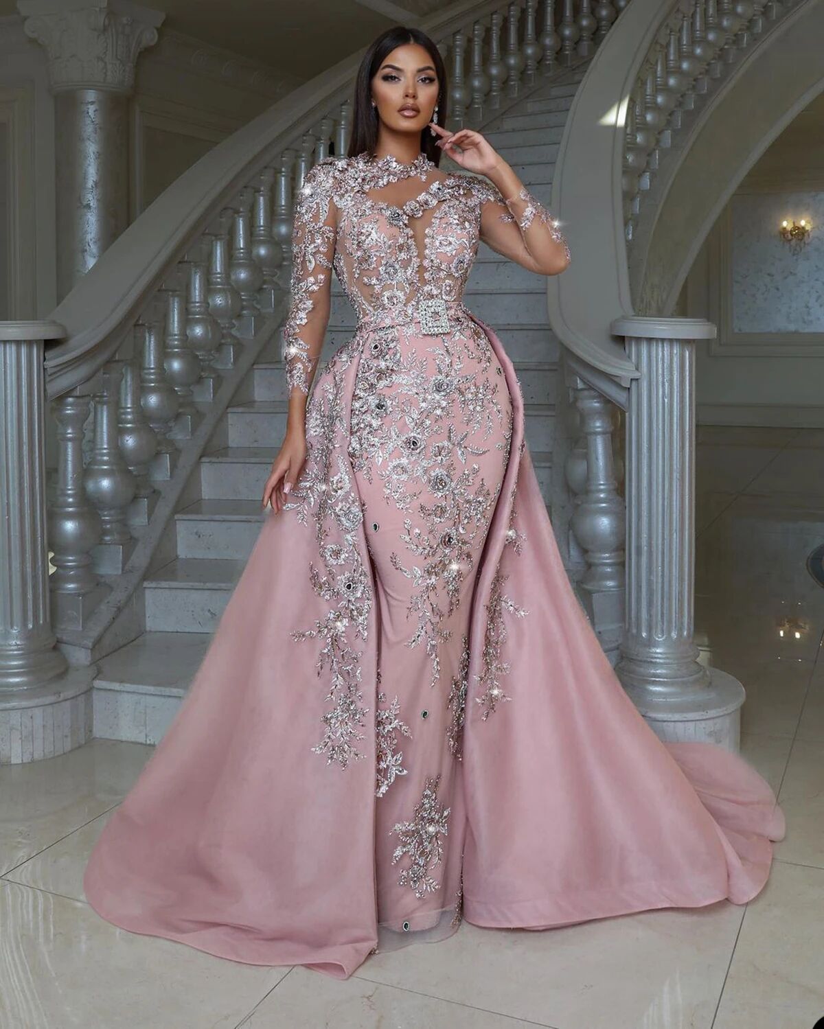 Long Exquisite Evening Sleeves With Overskirts Prom Gowns Beading Lace Sequins Custom Made Crystals Party Dresses