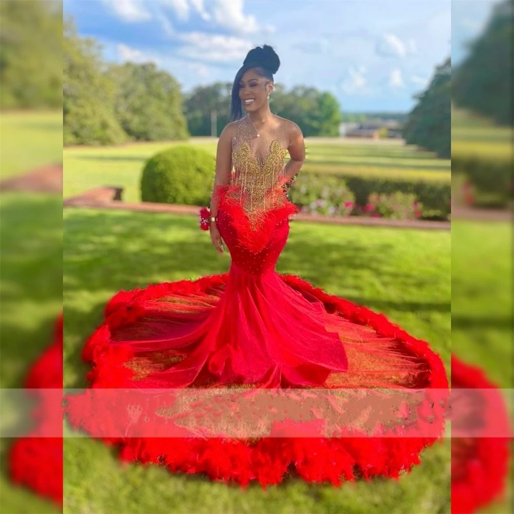 Sexy Sheer Neck Mermaid Prom Party Dresses For Black Girls 2024 With Gold Lace Feathers Plus Size Formal Evening Ocn Gowns Mal Mal