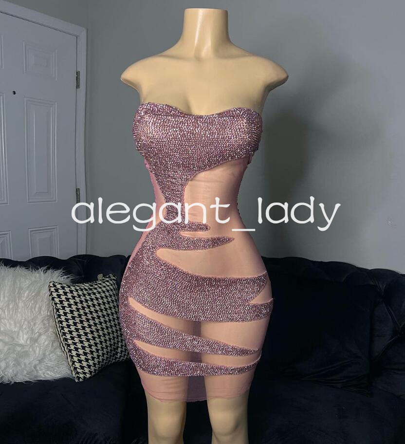 Rose Pink Sparkly Short Prom Party Dress for Women Luxury Crystal Sheer Mesh Black Girl Birthday Evening Gown vestidos de gala