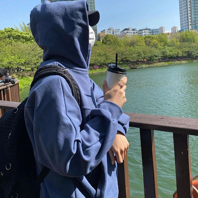 Grailz Project Vintage High Street Geometric Structure High Street Solid Hoodie Button Up Loose Hooded Hoodie