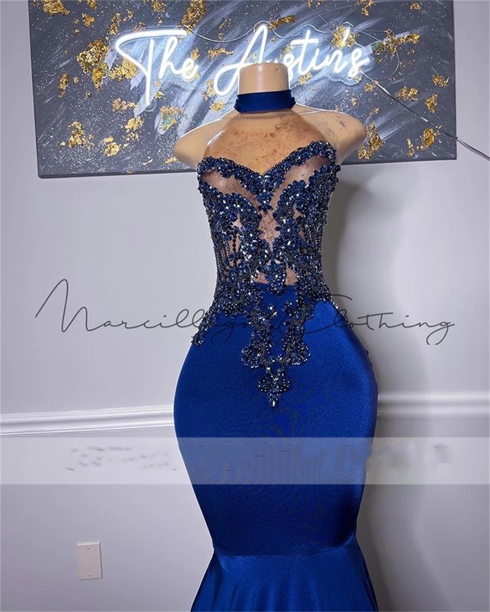 Noyal Blue Halter Prom Dresses For Black Girl 2024 Sparkly Gillter Mermaid Plus Size Birthday Reception Gowns Robe De Bal 0431