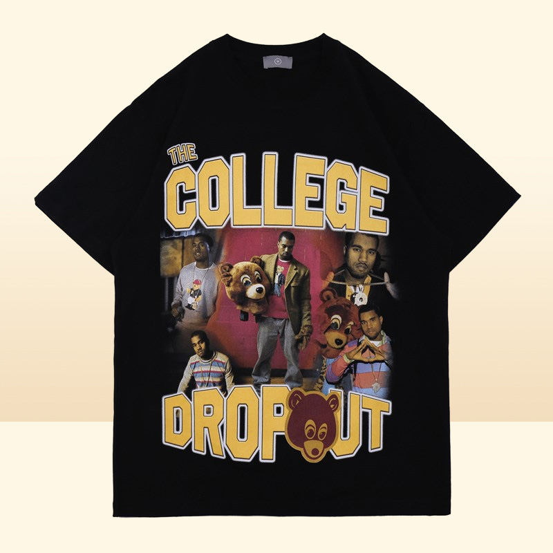 Hip Hop Print Tshirt College Dropout Music Tee Men Women High Quality Pattern Washed Tops Short Sleeve