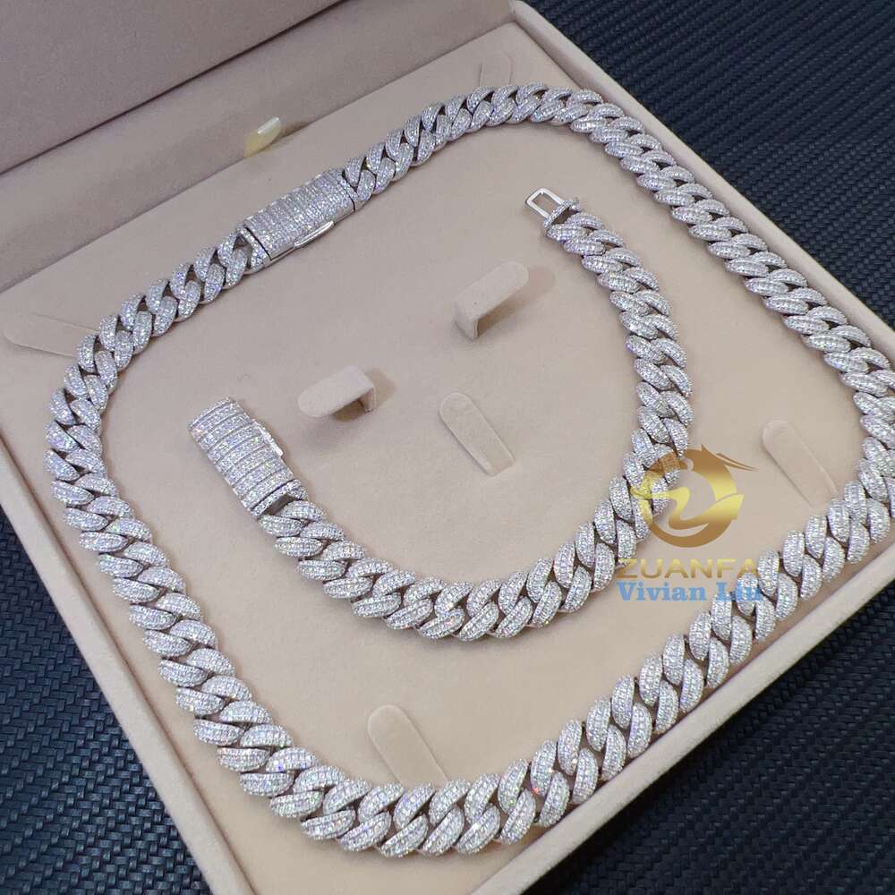 13mm Width Fine Jewelry Men Necklace Sterling Silver 925 Iced Out Moissanite Hip Hop Cuban Link Chain
