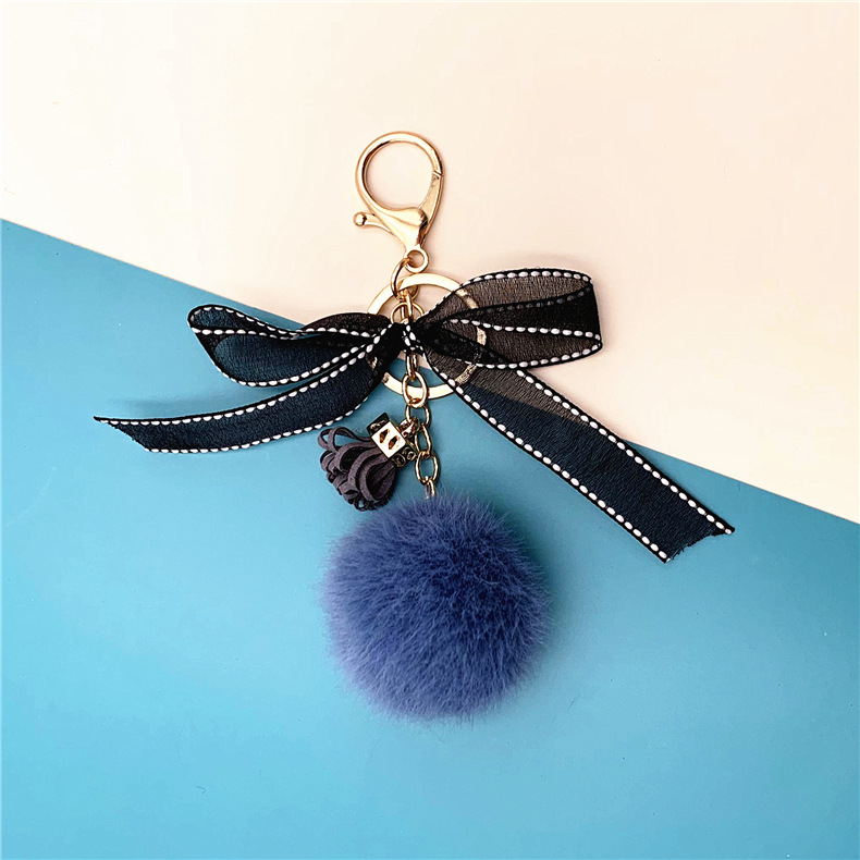 Cute bow key chain lace fur ball bag plush pendant cartoon car key chain small gift accessories YLE630