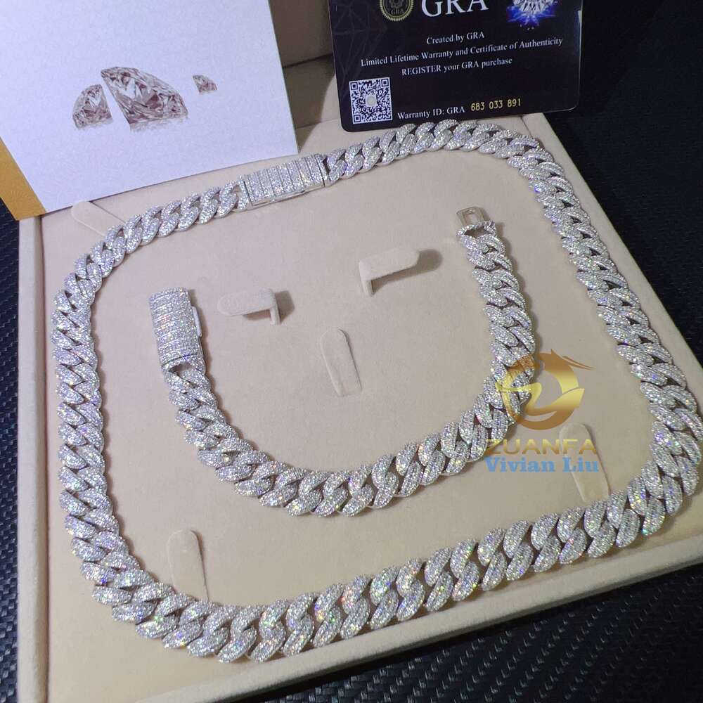 13mm Width Fine Jewelry Men Necklace Sterling Silver 925 Iced Out Moissanite Hip Hop Cuban Link Chain