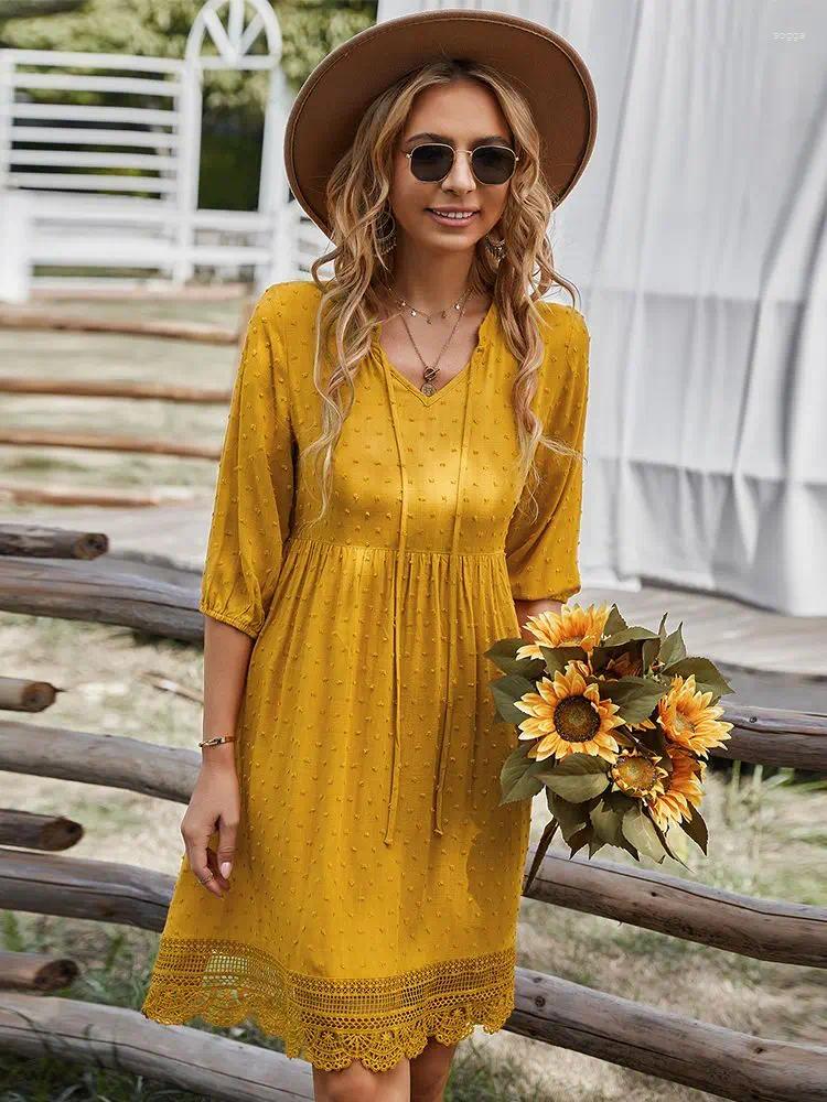 Party Dresses V-Neck Half Sleeve Ruffles Knee Length For Women 2024 Elegant Embroidery Lace Dress Lady Casual Summer Cloth