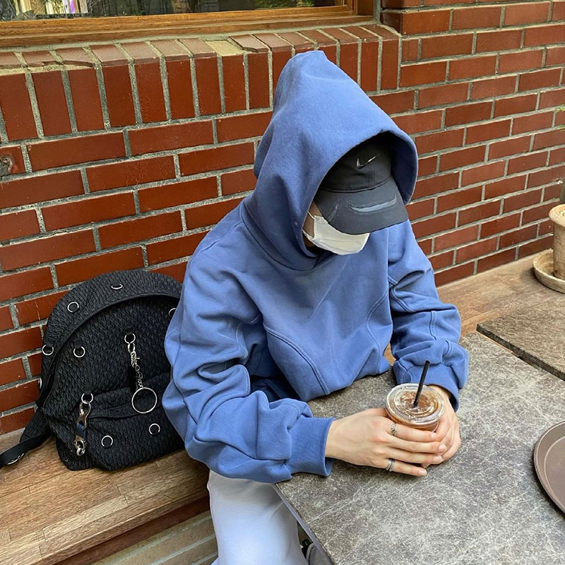 Grailz Project Vintage High Street Geometric Structure High Street Solid Hoodie Button Up Loose Hooded Hoodie