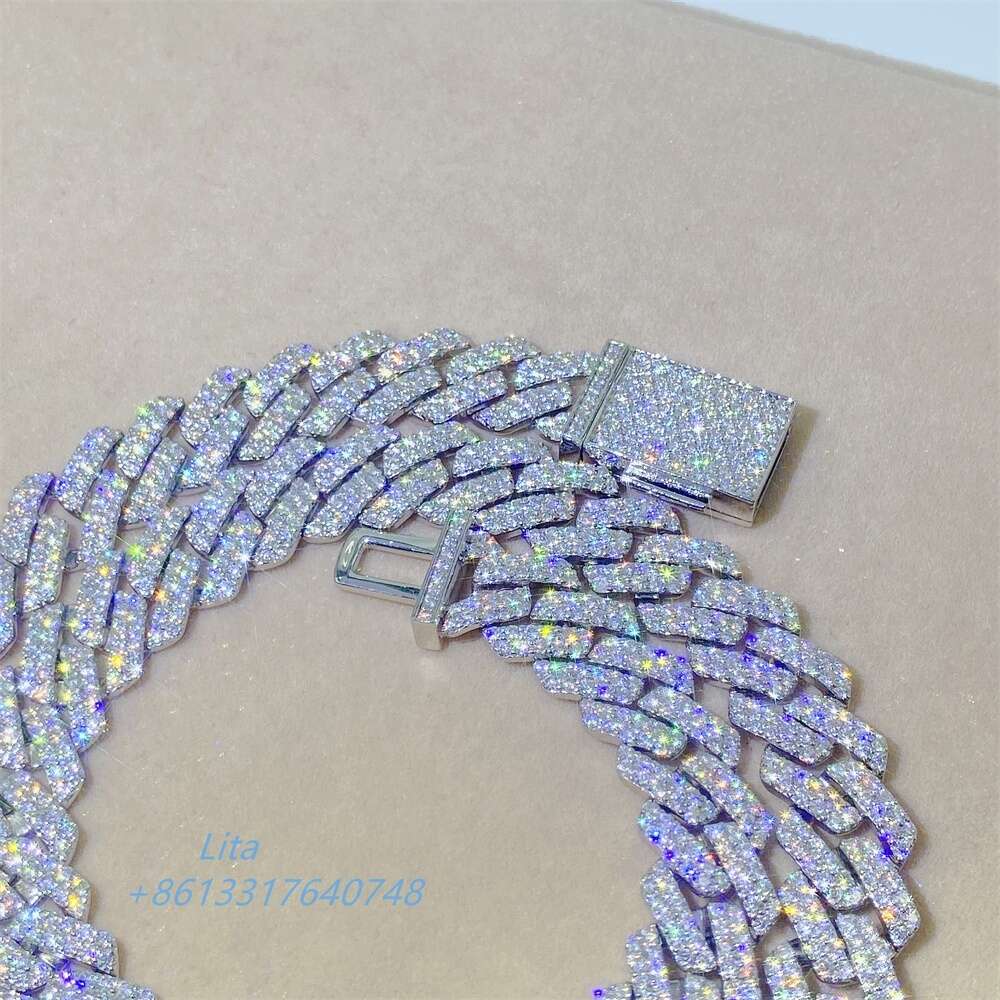 Hip Hop Jewelry Iced Out Mens Cuban Necklace Bracelet Sterling Silver Moissanite 12mm Link Chain