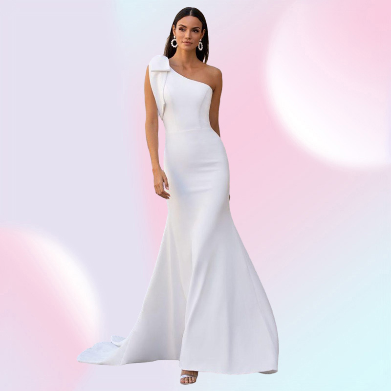 Vestidos Satin Mermaid Wedding Dresses Sexy One Shoulder Sleeveless Bridal Gown WhiteIvory Beach Wedding Party Gown with Bow