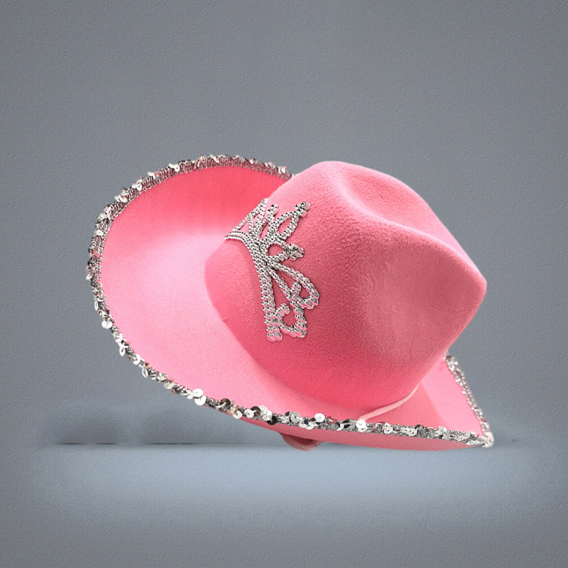 Western Style Tiara Cowgirl Hat Women Girl Pink Wide Brim Cowboy Cap Sequins Holiday Costume Party Feather Edge Hats with Drawstri