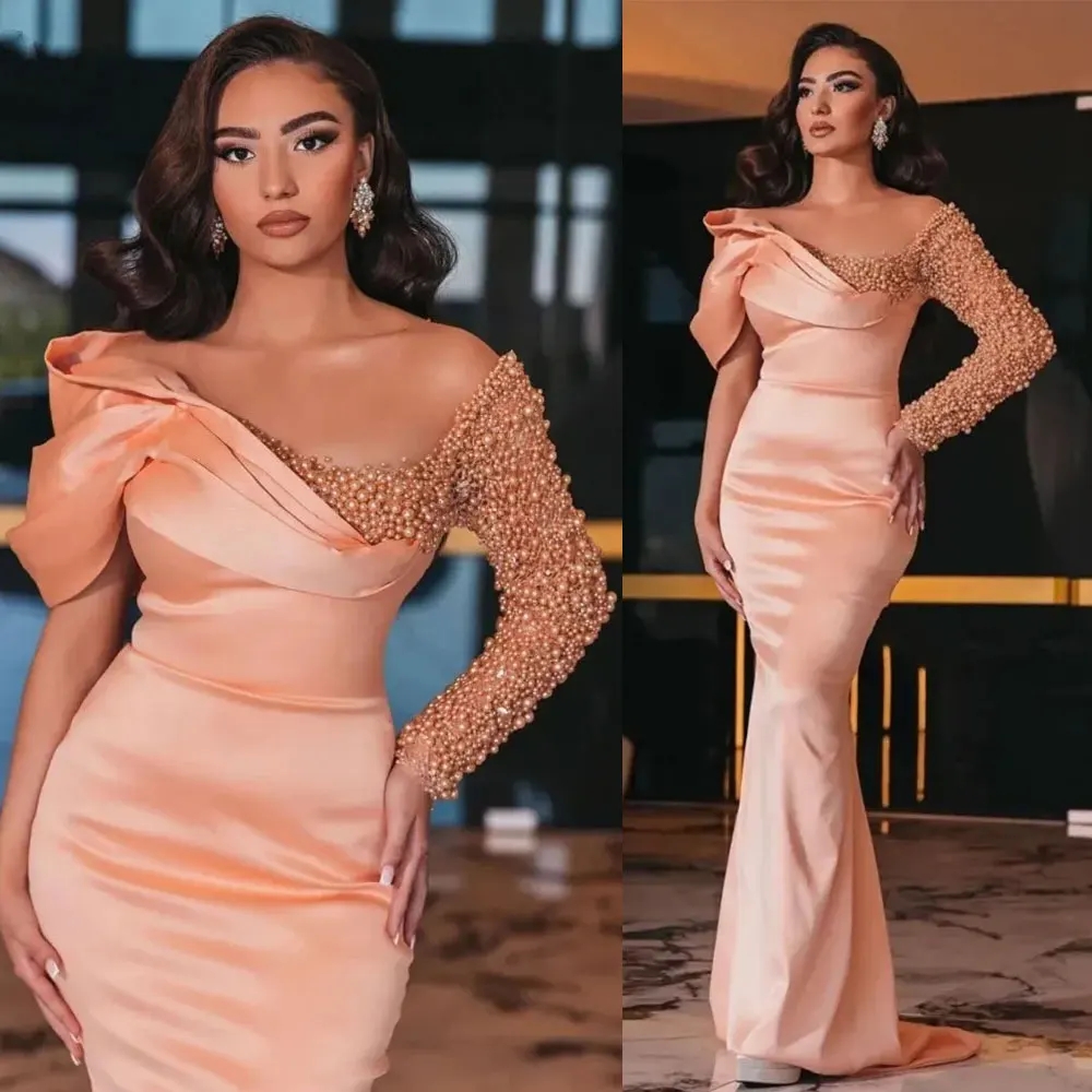 Women Elegant S Evening Dress Pearl Bead Satin Off Shoulder Long Sleeves Prom Formal Party Gowns Robe Soiree Vestidos De Feast atin houlder leeves oir