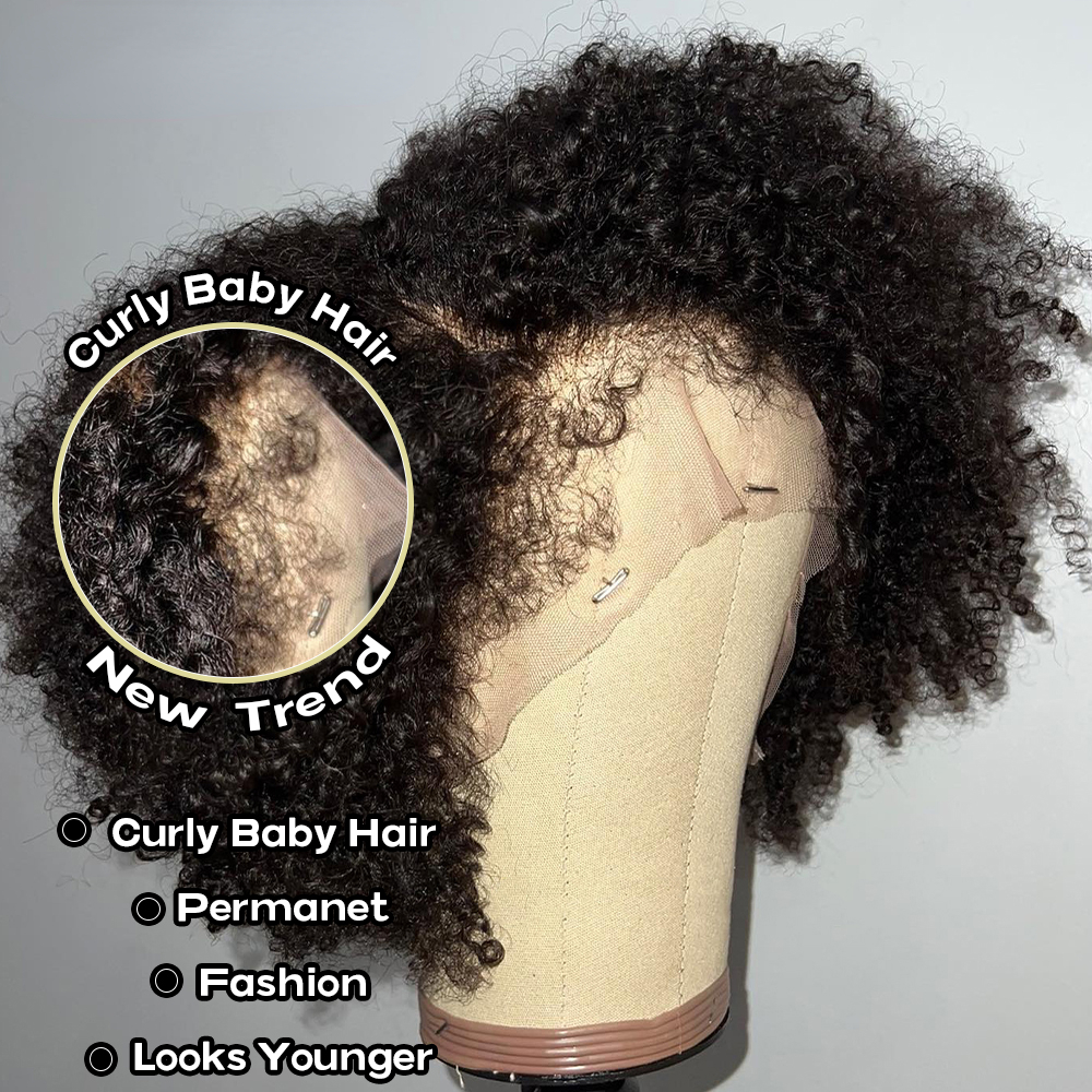 4C Kinky Edges Natural Hairline Glueless Short Afro Kinky Curly Wig Human Hair Ready To Go Curly Bob 13x4 Transparent Lace Front Wig Synthetic with Ba