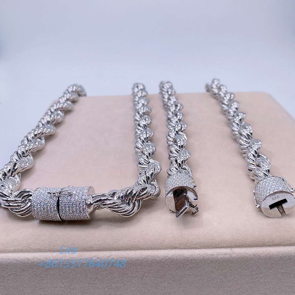 Hip Hop Iced Out Moissanite Clasp 925 Sterling Silver Twist Necklace Diamond Cut Rope Chain