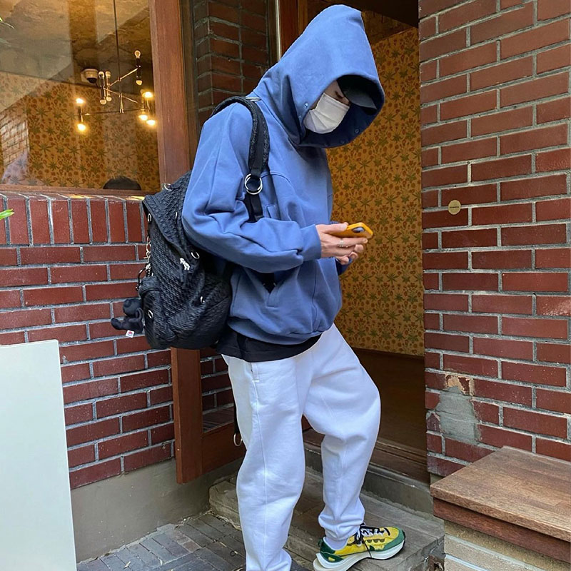 Grailz Project Vintage High Street Geometric Structure High Street Solid Hoodie Button Up Loose Hooded Hoodie