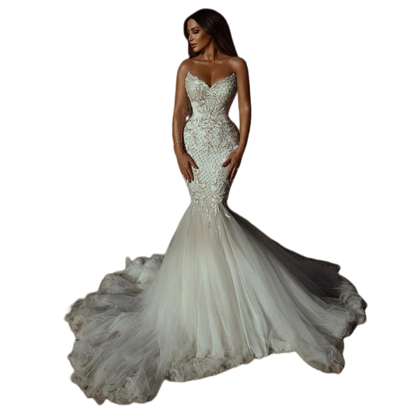 Wedding Sexy Backless Mermaid Dresses Beaded Lace Appliques Sleeveless Long Beach Bridal Gowns Sweetheat Neckline Ivory White Bride Dress