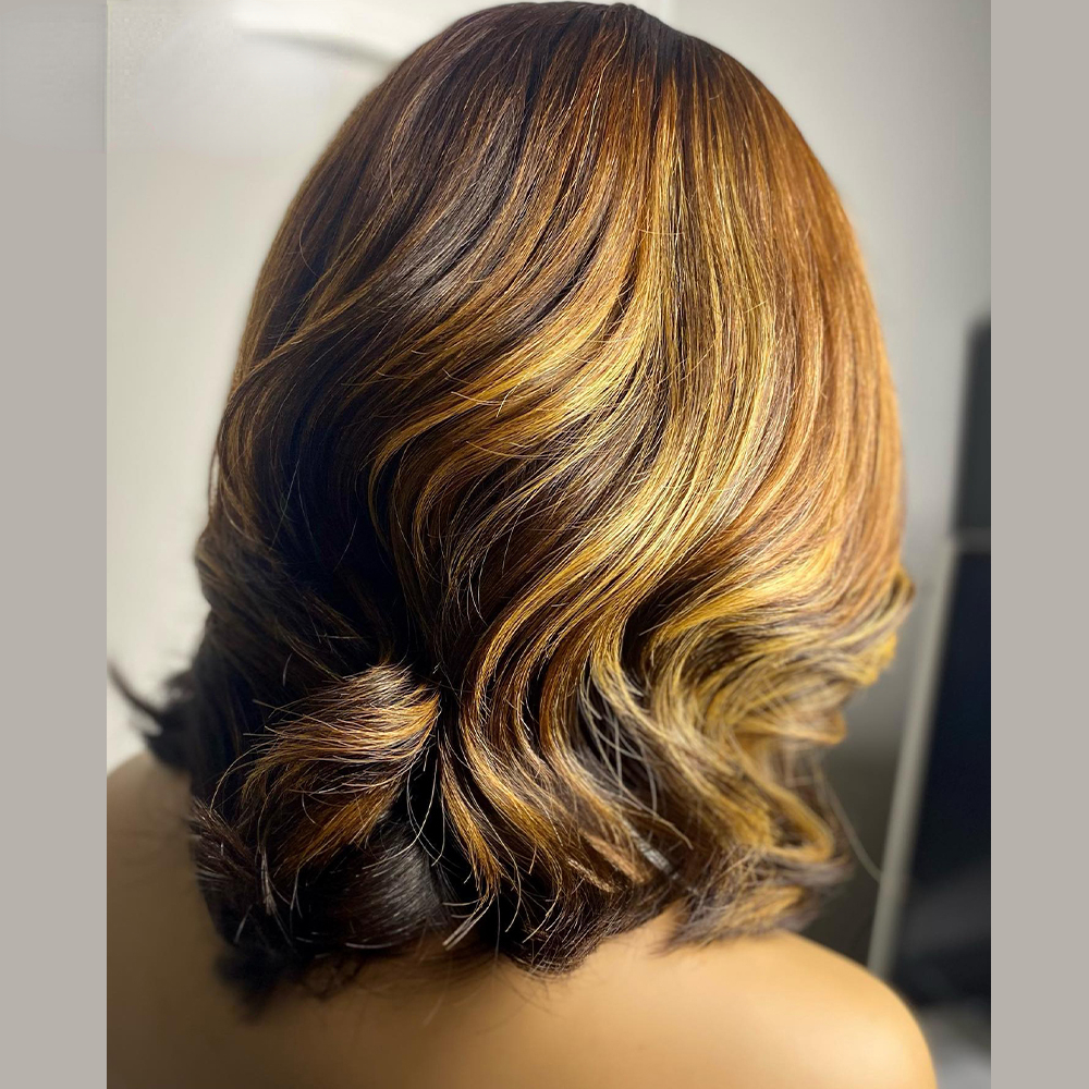 Free shipping 250% Density Breathable 2025 Brazilian Brown Colored Short Bob Closure Highlight Ombre 13x4 Loose Deep Lace Front Synthetic Wig for Wome