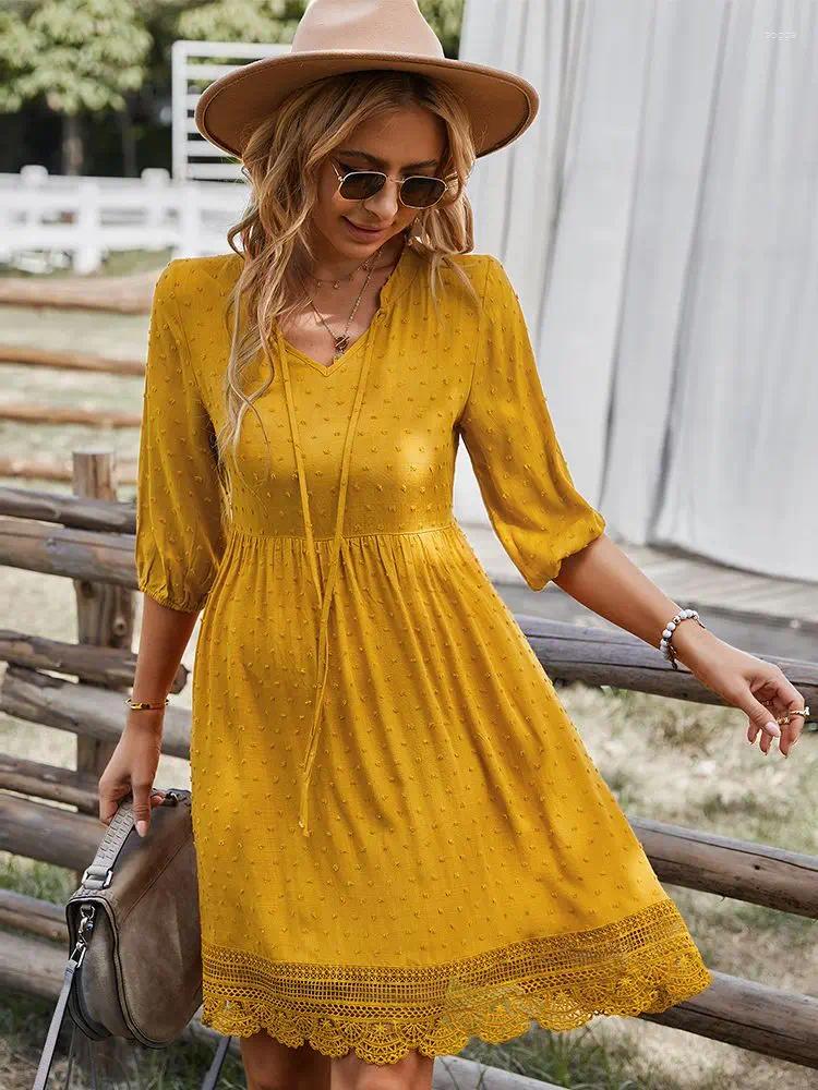 Party Dresses V-Neck Half Sleeve Ruffles Knee Length For Women 2024 Elegant Embroidery Lace Dress Lady Casual Summer Cloth