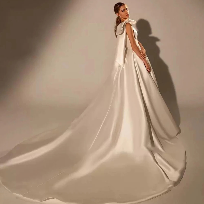 Vintage Bow Satin Wedding Dress 2024 New Fashion One Shoulder A-Line Train Bride Gown Princess Vestido De Novia