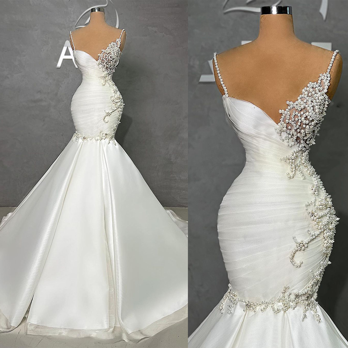 Stylish Spaghetti Straps Mermaid Wedding Dresses Pearls Bridal Gowns with Detachable Train Sleeveless Custom Made Bride Dress