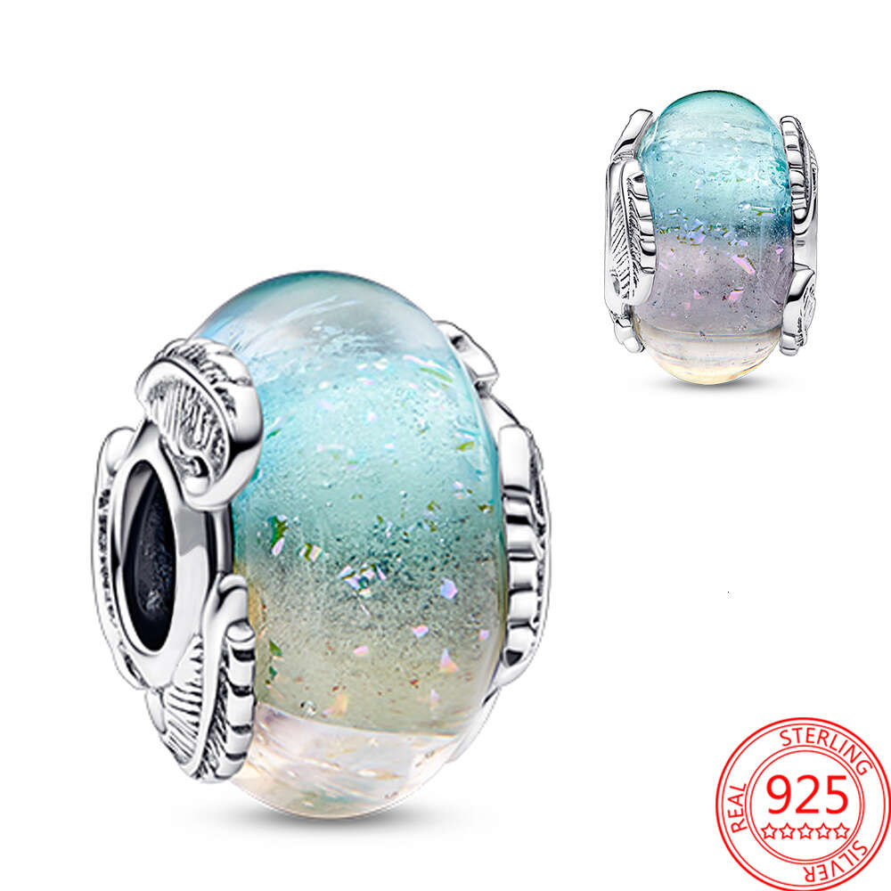 New 2024 Beads Sterling Sier Multicolour Murano Glass Curved Feather Charm Fit Bracelet & Bangle Girl Gift