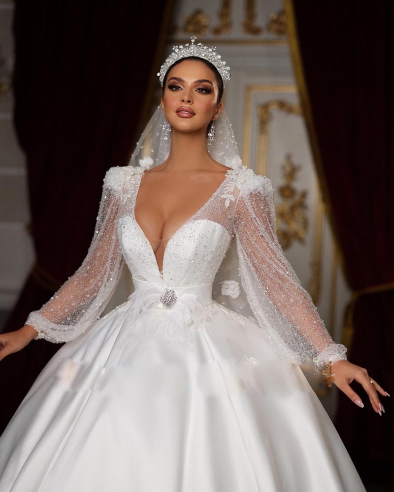 Beading A Gorgeous Line Dresses V Neck Puffy Sleeve Bridal Dress 2024 Feather Waist Princess Arabic Dubai Wedding Gown rabic