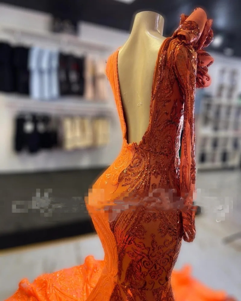 Sparkle Orange Prom Dresses For Black Girl 2024 Sheer Neck Mermaid Party Gowns Long Sleeve One Shoulder Sequin Vestidos De Festa