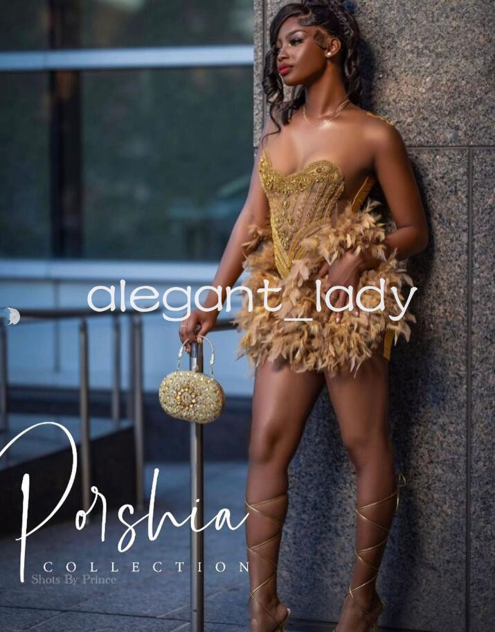 Gold Sparkly Short Prom Homecoming Dresses for Women Luxury Diamond Crystal Feather Birthday Party Gown vestidos de graduacion evening