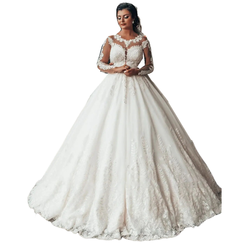 Gorgeous Dubai Arabic Ball Gown Wedding Dresses Lace Appliques Long Sleeves Sheer Crew Neck Ivory Bridal Gowns Chapel Train Country Boho Bride Dress 2