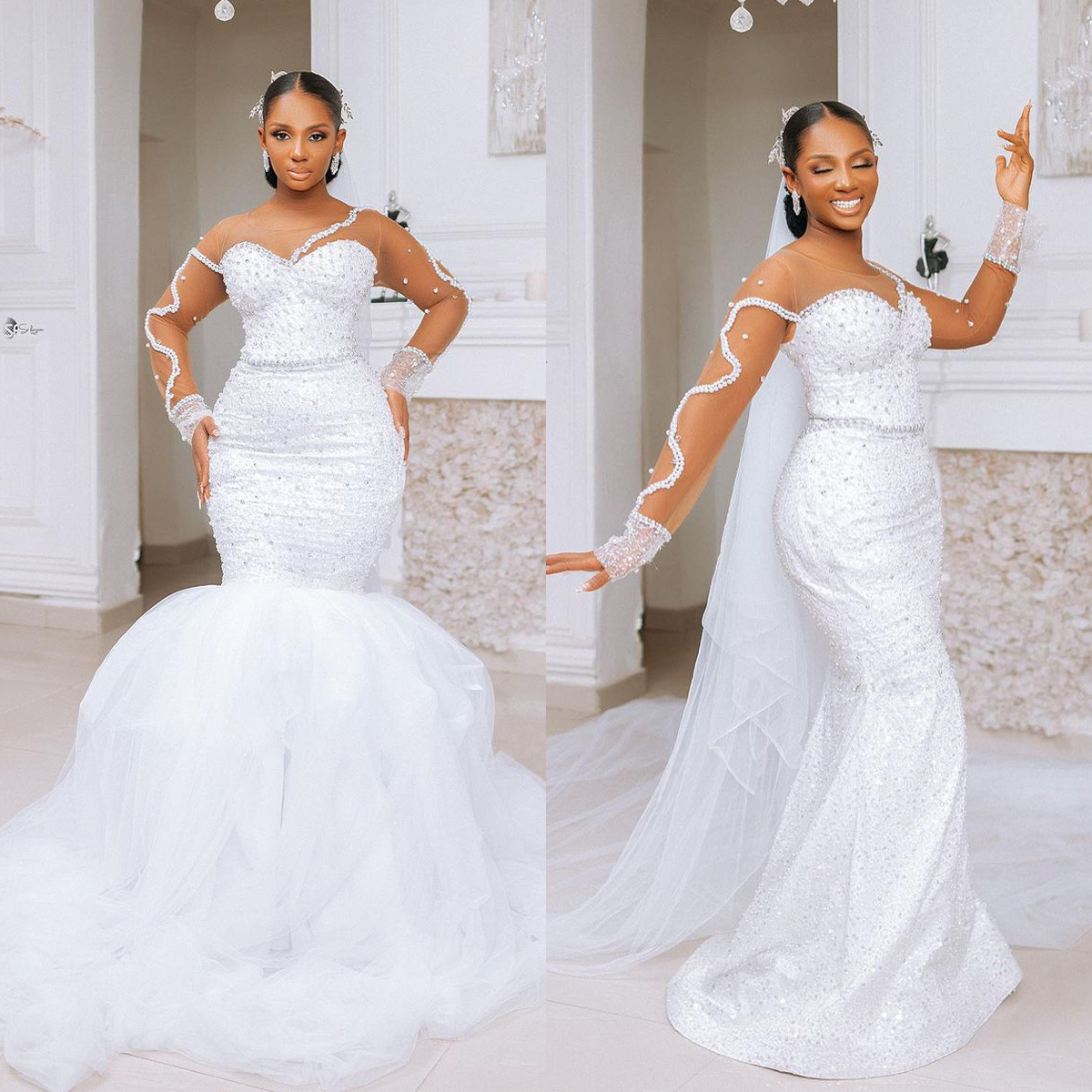 Glamorous Pearls Crystal Mermaid Wedding Dresses Sheer O Neck Bridal Gowns Sequins Ruffle Train Bride Dress Custom Made Plus Size