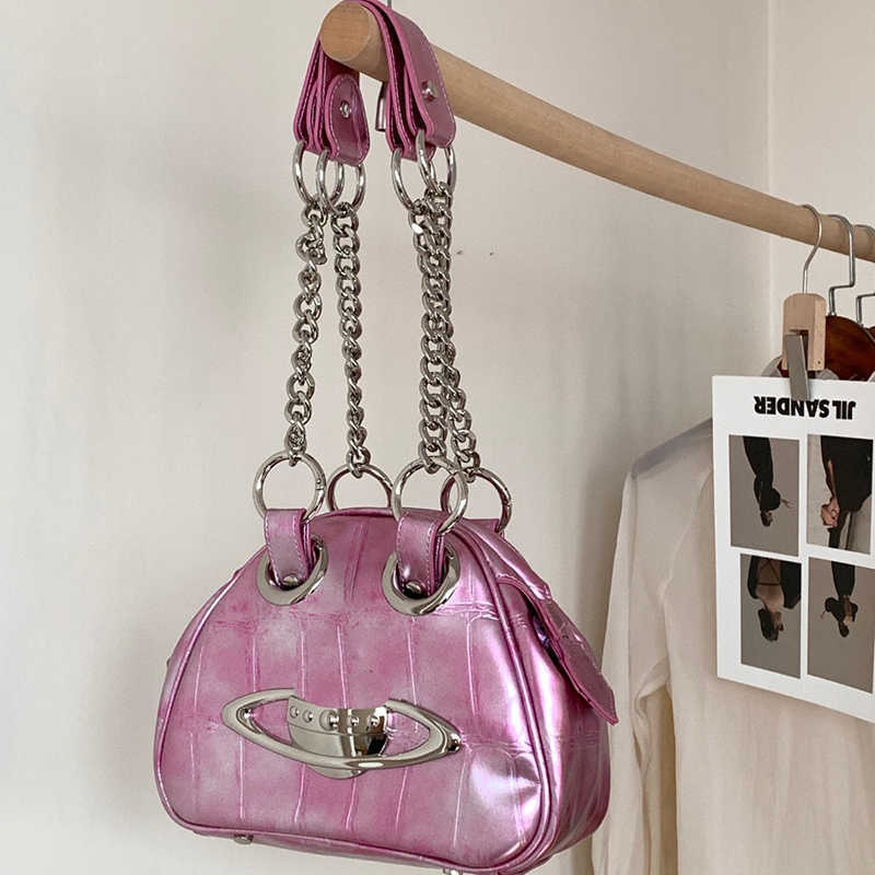 Y2k Pink Designer Bag Viviane Westwood Bowling Bag Punk Style 2024 New Trendy Dark Shoulder Underarm Chain Hobo Bags 240123