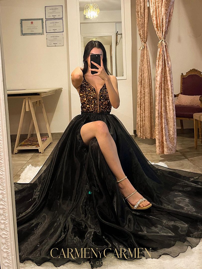 Sexy Black Prom Dress A E Split Illusion V Neck Evening Elegant Glitter Gold Sequins Top Party Dresses For Special Ocns Promdress Lz0304