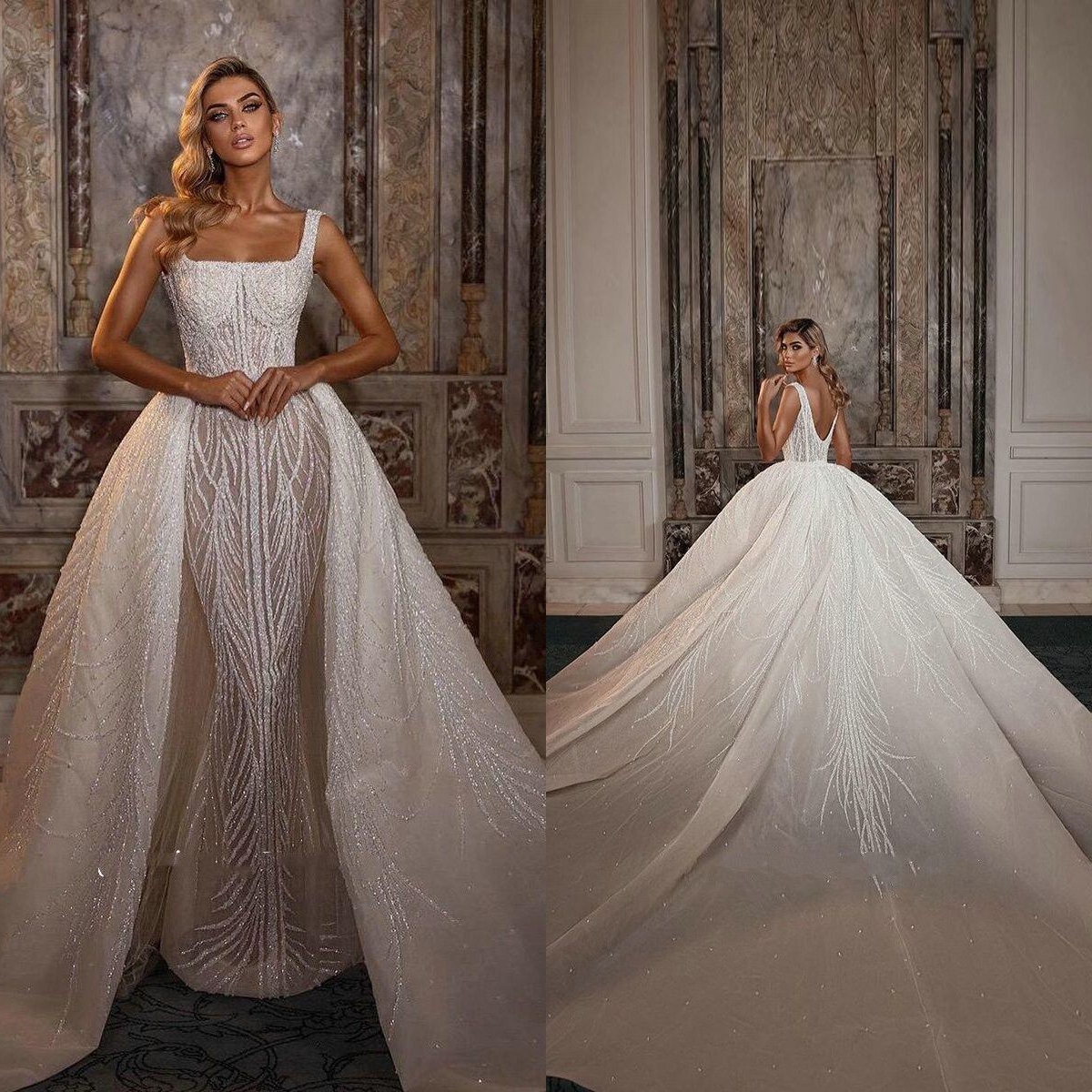 Gorgeous Sequins Mermaid Wedding Dresses Spaghetti Straps Bridal Gowns with Overskirts Sleeveless Custom Made Plus Size Bride Dress