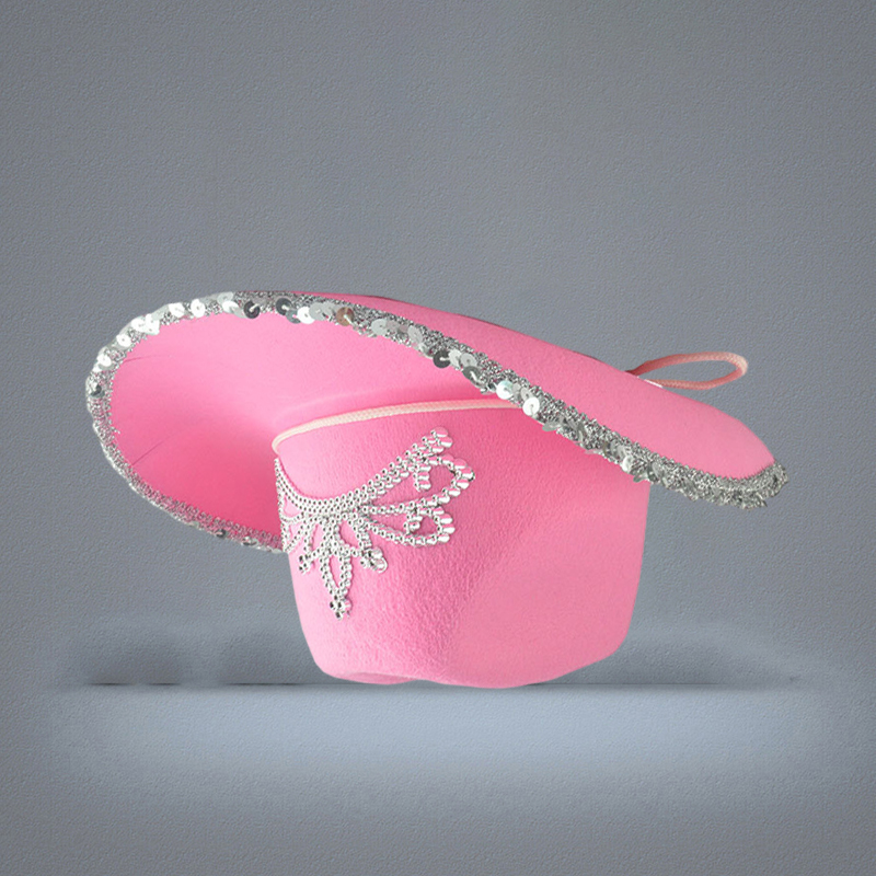 Western Style Tiara Cowgirl Hat Women Girl Pink Wide Brim Cowboy Cap Sequins Holiday Costume Party Feather Edge Hats with Drawstri