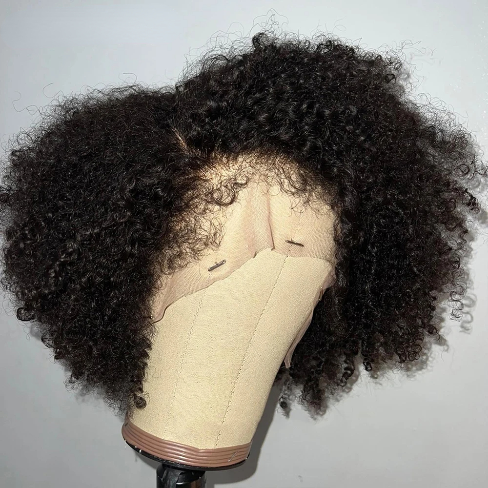 4C Kinky Edges Natural Hairline Glueless Short Afro Kinky Curly Wig Human Hair Ready To Go Curly Bob 13x4 Transparent Lace Front Wig Synthetic with Ba