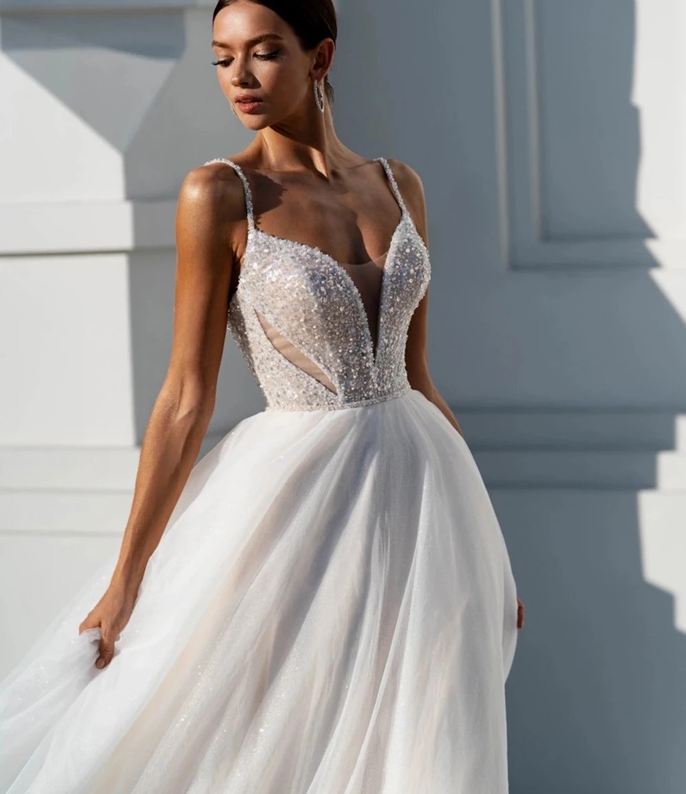 Sexy Boho Wedding Dress 2024 V-neck Spaghetti Straps Beading Sequins A-line Princess Birde Formal Gowns Vestido De Novia