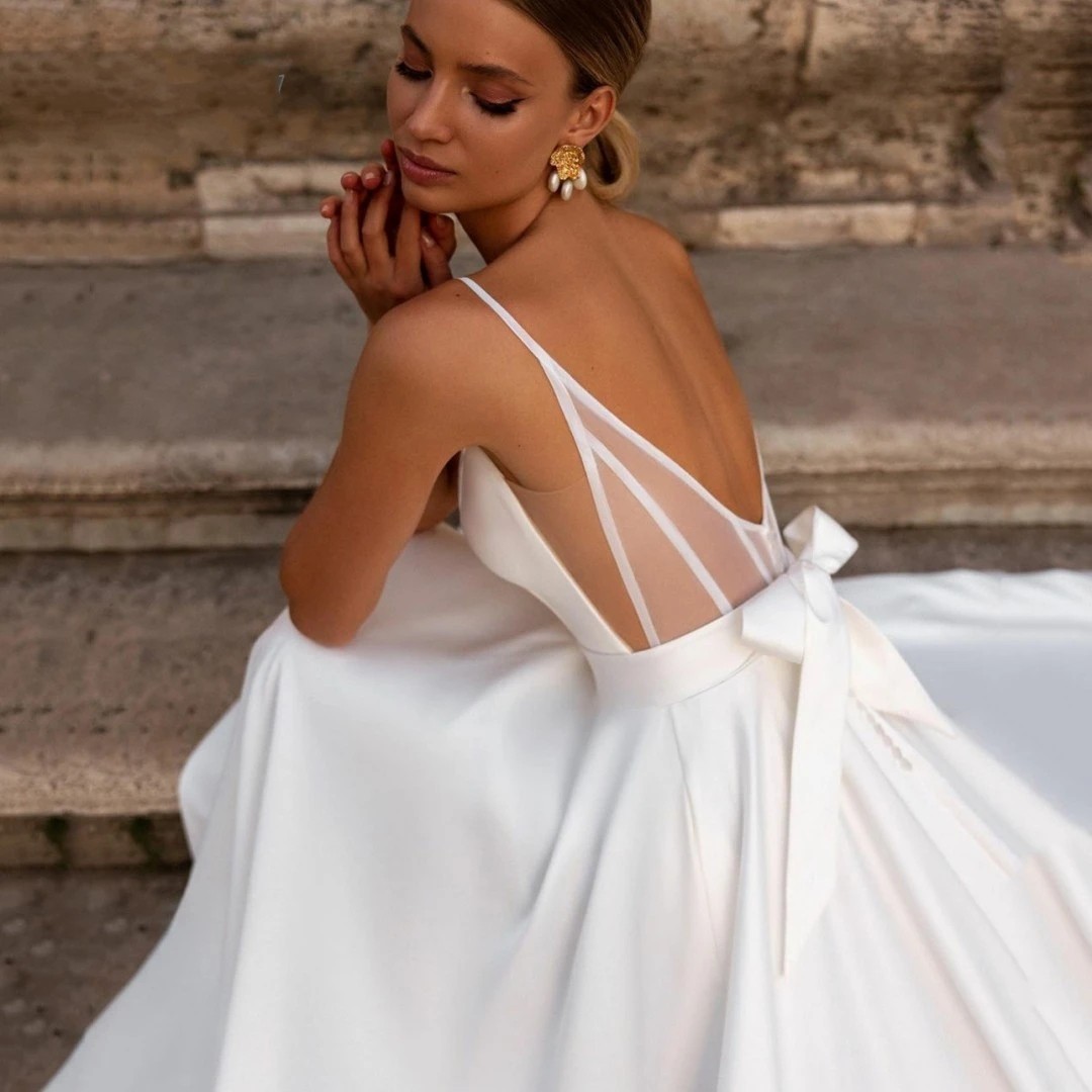Elegant Wedding Dress For Woman 2024 Sweetheart-Neck Satin A-Line Spaghetti Straps Open Back Bride Gown Sweep Train Vestido De Novia
