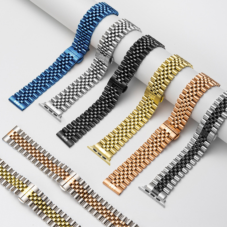 Metal Bracelet Stainless Steel Strap For Apple Watch Series 9 8 7 6 5 4 3 SE Bands With Adapter Connector Replacement Wristband iWatch 45/44mm 41/40mm