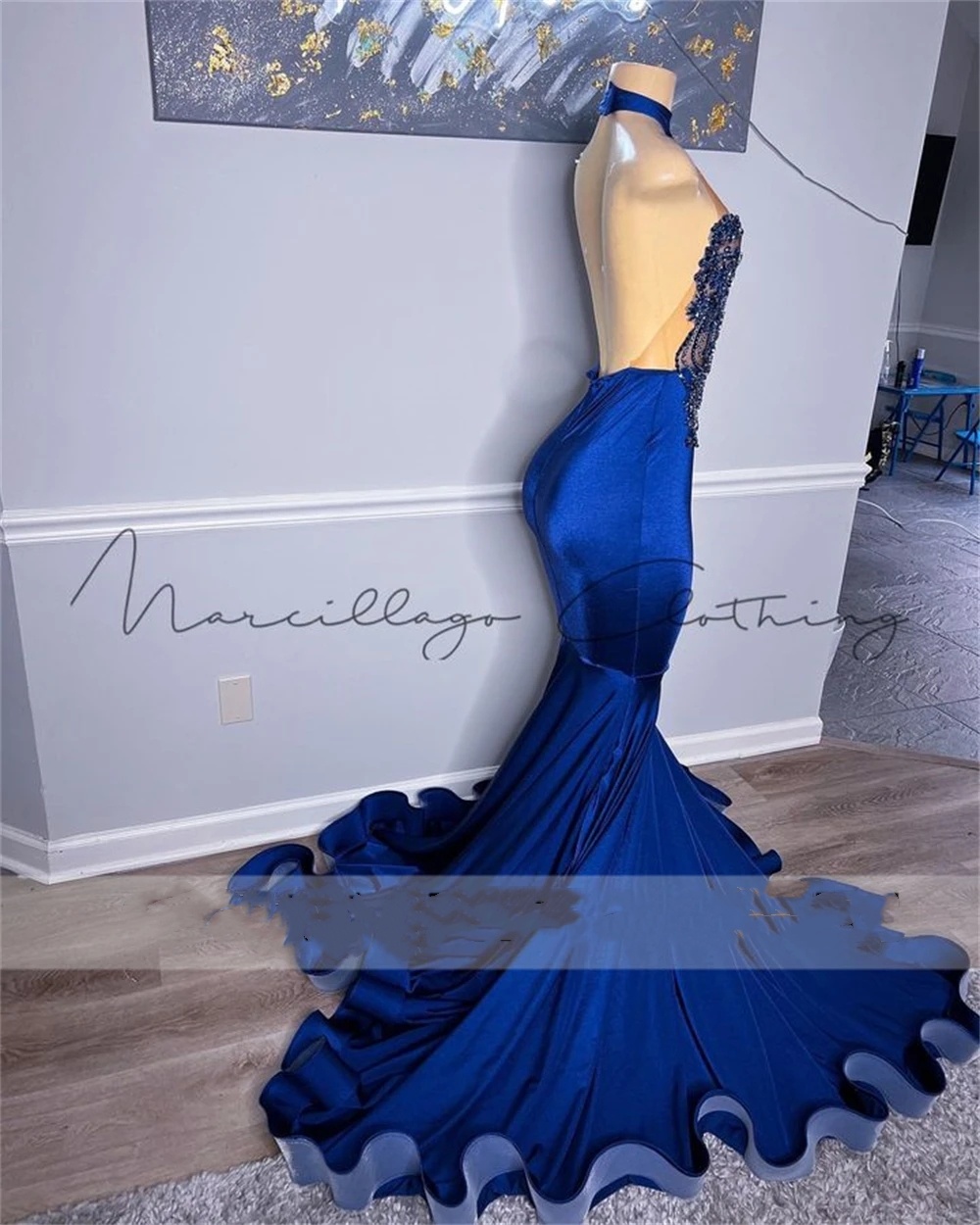Noyal Blue Halter Prom Dresses For Black Girl 2024 Sparkly Gillter Mermaid Plus Size Birthday Reception Gowns Robe De Bal 0431